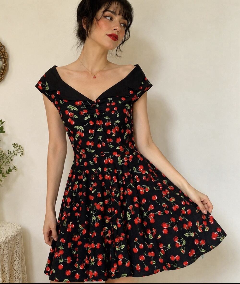 New Hell Bunny Vixen Cherry Print Retro Rockabilly Swing Dress Small